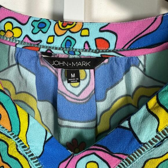 John Mark‎ Pink Blue Geometric Floral V-neck Blouse M Colorful Retro Boho Artsy - Picture 3 of 10